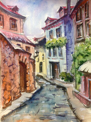 Watercolor colorful bright textured abstract background handmade . Mediterranean landscape . Painting of architecture of the old medieval town, made in the technique of watercolors from nature