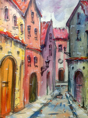 Watercolor colorful bright textured abstract background handmade . Mediterranean landscape . Painting of architecture of the old medieval town, made in the technique of watercolors from nature