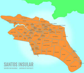 Map of the city of Santos insular. Division by neighborhood or district.
