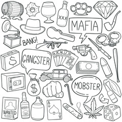 Gangster doodle icon set. American Mafia Vector illustration collection. Mobster Banner Hand drawn Line art style.