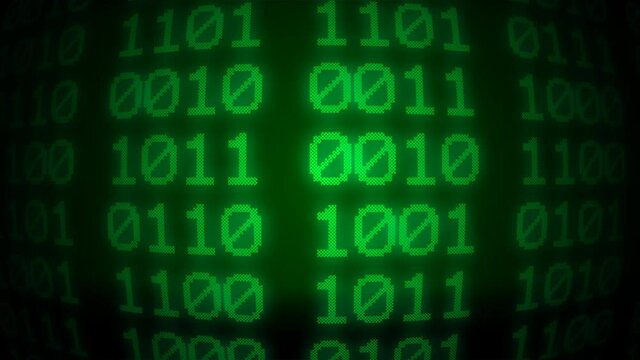 Green binary code zeros and ones numbers on screen flowing and changing, computer code, security or data processing concept