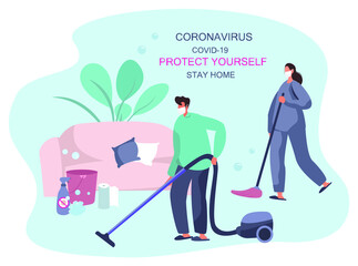 Family Cleaning House Together During Quarantine, Mopping,Wiping Dust and Vacuum Cleaning.Cleaning Floor with Broom and Bucket.Care of Plant. Housework with Vacuum Cleaner.Flat Vector Illustration 