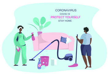 Family Cleaning House Together During Quarantine, Mopping,Wiping Dust and Vacuum Cleaning.Cleaning Floor with Broom and Bucket.Care of Plant. Housework with Vacuum Cleaner.Flat Vector Illustration 
