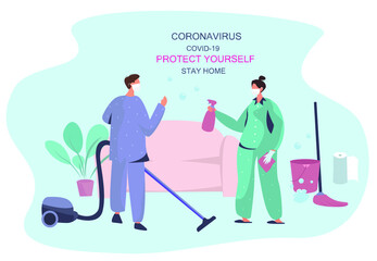 Family Cleaning House Together During Quarantine, Mopping,Wiping Dust and Vacuum Cleaning.Cleaning Floor with Broom and Bucket.Care of Plant. Housework with Vacuum Cleaner.Flat Vector Illustration 