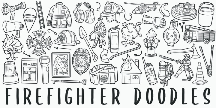 Firefighter doodle icon set. Fire Style Vector illustration collection. Banner Hand drawn Line art style.