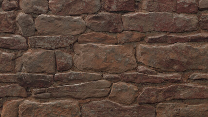 The uneven, cracked surface of a real stone wall is brown. Background of old dirty stones damaged by time. 3D-rendering