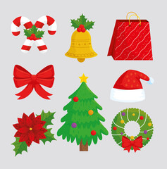 bundle of eight happy merry christmas set icons vector illustration design