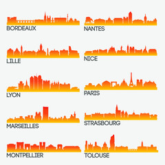France Skyline City Silhouette Design Collection. Vector Illustration Set Clip Art.