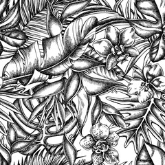 Seamless pattern with black and white monstera, banana palm leaves, strelitzia, heliconia, tropical palm leaves, orchid