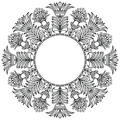 wreath with abstract flowers in folk style drawn on a white background for coloring, vector, space for text