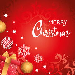happy merry christmas lettering card with gift and balls vector illustration design