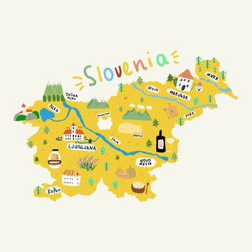 Handdrawn map of Slovenia in vector colorful style. Cartoon map. Illustrated map of Slovenia. Travel illustration. Tourism concept. 