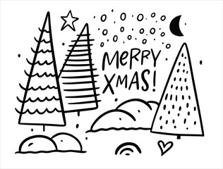 Fototapeta na wymiar Christmas tree in snow forest. Black and white vector illustration.