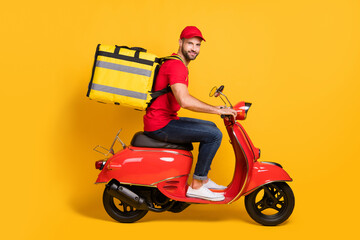 Profile photo of delivery guy drive retro bike wear backpack red t-shirt cap jeans sneakers...