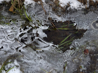 Blizzard and snowstorm on a frozen pond. A river covered with ice and snow in winter.