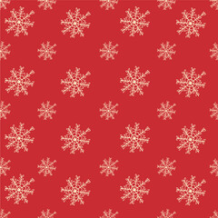 seamless pattern with hand-drawn Golden snowflakes on a red background. Cute Christmas background with snowflakes on red background. Vector  simple New Year pattern.