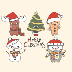 Cartoon merry christmas card with snowman, cookies, deer, owl and a Christmas tree