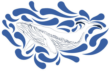 Graphical whale. Grange whale illustration. Sketch. Tattoo art, graphic, t-shirt design, poster design, invitations, greeting cards, posters.