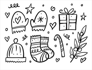 Christmas elements set. Doodle style. Socks, hat, gift and mittens.