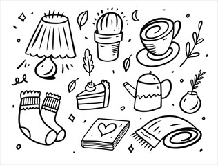 A set of cozy home elements in black and white, doodle style illustrations. © Oktyabr