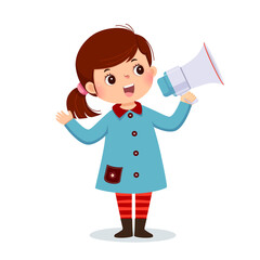 Vector illustration cartoon of a little girl shouting by megaphone and showing her hand.