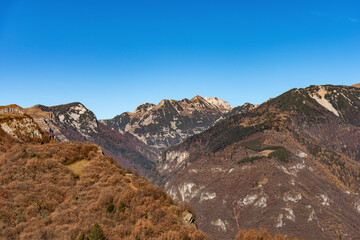 Mountain Range of the Monte Carega, called the small Dolomites, view from the Lessinia Plateau (Altopiano della Lessinia), Verona province, Veneto, Italy, Europe.