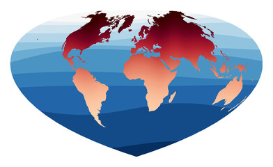 World Map Vector. Bottomley projection. World in red orange gradient on deep blue ocean waves. Creative vector illustration.