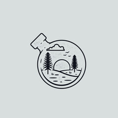 vector of sunrise or sunset scenery inside potion bottle mono line illustration. good for logo, sticker, or merchandise usage.