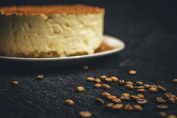 Tiramisu cake detail with grated chocolate on top. Coffee grains.