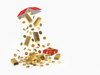 Open gift box with falling gold bars and coins isolated on white background. 3d illustration