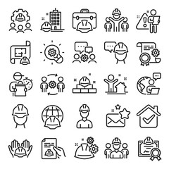 Engineering line icons. Teamwork, People and Technical documentation. Blueprint with gear, engineer and construction helmet set icons. Technician, industrial people, engineering process. Vector