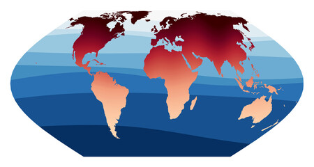 World Map Vector. Eckert VI projection. World in red orange gradient on deep blue ocean waves. Authentic vector illustration.