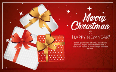 happy merry christmas lettering card with gifts presents vector illustration design