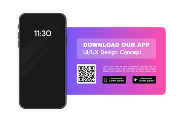 Download our app advertising banner. App for mobile phone. Phone mockup template for your application. Modern Vector illustration