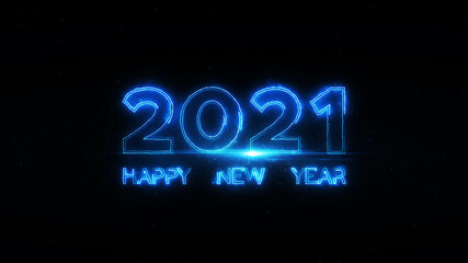 Obraz premium Happy New Year 2021 blue energy neon particles black background new year resolution concept. 