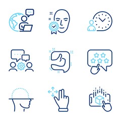 People icons set. Included icon as Move gesture, Engineering team, Ranking star signs. Face verified, Augmented reality, Face scanning symbols. Like, Time management line icons. Line icons set. Vector