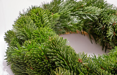 Closeup of a bare fresh and green do it yourself Advent wreath without christmas decoration lying isolated on a white background