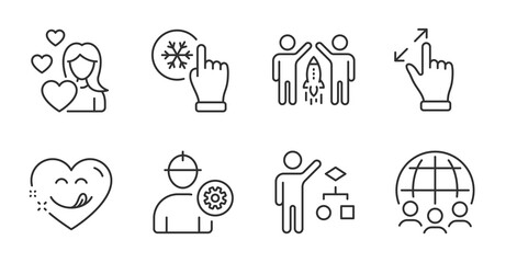 Global business, Love and Touchscreen gesture line icons set. Partnership, Yummy smile and Algorithm signs. Engineer, Freezing click symbols. Outsourcing, Woman in love, Zoom in. People set. Vector