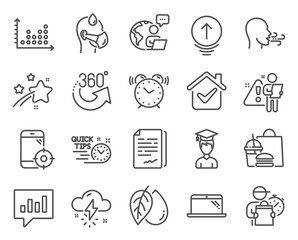 Science icons set. Included icon as Alarm clock, Student, Dot plot signs. Sick man, Seo phone, 360 degrees symbols. Laptop, Analytical chat, Breathing exercise. Mineral oil, Swipe up. Vector