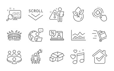 Fototapeta premium Seo target, Packing boxes and Online loan line icons set. Meeting, Trade infochart and Arena stadium signs. Search, Love music and Scroll down symbols. Line icons set. Vector