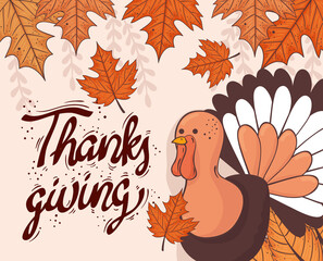 happy thanksgiving celebration lettering card with turkey bird vector illustration design