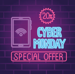 cyber monday neon lettering with smartphone and seal vector illustration design