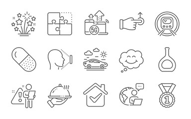 Drag drop, 5g internet and Capsule pill line icons set. Smile, Cognac bottle and Car travel signs. Fireworks stars, Restaurant food and Metro subway symbols. Face id, Best rank and Puzzle. Vector