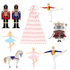 Nutcracker ballet Christmas tree collection. A set of vector elements. Ballerina, mouse king, horse, prince. Pointe shoes tree with ribbons