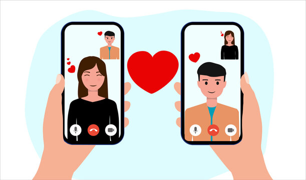 Video Call Concept. Lovers Are Having Video Calls Using The Smartphone. Love During Quarantine. Human Hand Hold Device With People On Screen. People And Gadgets. Love On Distance. Vector Illustration