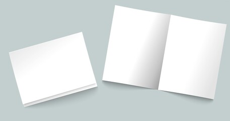 White sheets of A4 paper, folded in half. Simple, isolated, blank white page layout. Vector illustration on a gray background.
