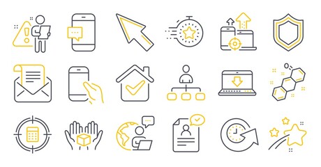 Set of Technology icons, such as Seo devices, Smartphone message, Timer symbols. Resume document, Chemical formula, Security signs. Mail newsletter, Mouse cursor, Calculator target. Vector
