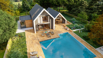 Aerial view of Modern pitched roof villa with pool and garden - obrazy, fototapety, plakaty