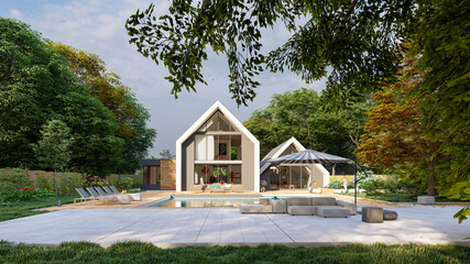 Modern pitched roof villa with pool and garden