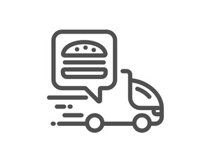 Obraz premium Food delivery truck line icon. Contactless meal order sign. Grocery delivery symbol. Quality design element. Linear style food delivery icon. Editable stroke. Vector